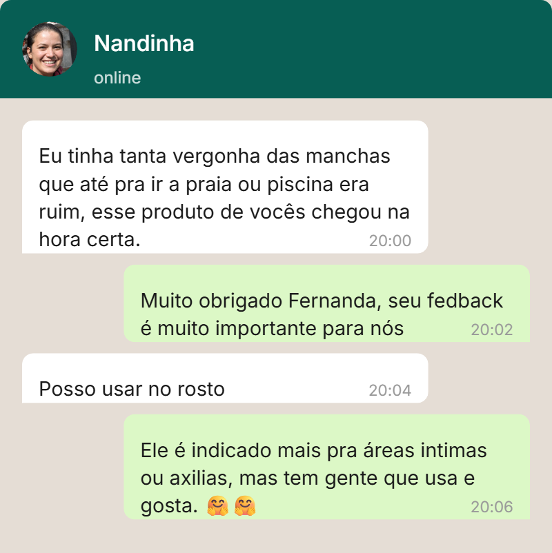 Conversa com a cliente Nandinha relatando sua experiência com o produto.